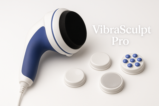 Masajeador eléctrico VibraSculpt Pro con cabezales intercambiables, ideal para aliviar tensiones y mejorar la circulación